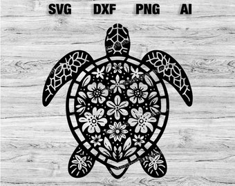 Sea Turtle Floral Beach Pattern Cut Files | Beach Turtle Vector Silhouette, Cameo, Cricut SVG, PNG, Dxf, Ai, Instant Download Laser Ready