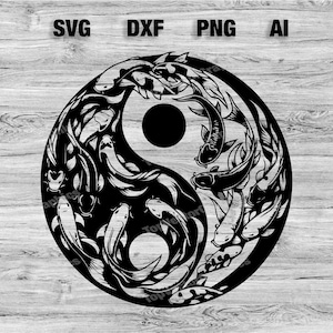 May include: Black and white Yin Yang symbol with stylised fish swimming around the outside of the symbol.