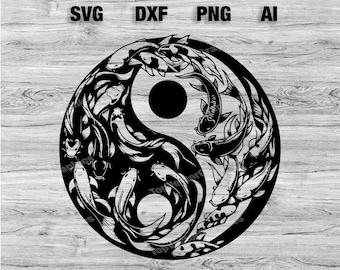 May include: Black and white Yin Yang symbol with stylized fish swimming around the outside of the symbol.
