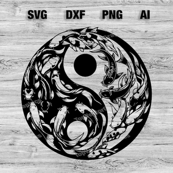 Koi Fish Yen Yang Cut File | Koi Fish Vector Graphic Silhouette, Cameo, Cricut SVG, PNG, Dxf, Ai Cut Files, Instant Download