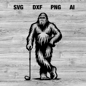 May include: Black and white illustration of a Bigfoot holding a golf club. The Bigfoot is standing on a wood grain background.