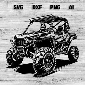 May include: Black and white graphic of an off-road vehicle with large tyres. The image includes the text "SVG DXF PNG AI" at the top. The vehicle has a roll cage and two seats.