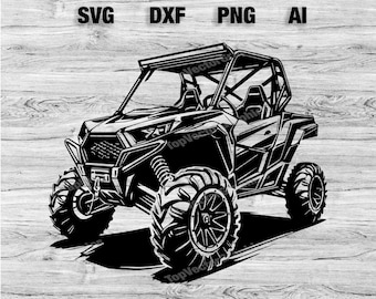 May include: Black and white graphic of an off-road vehicle with large tires. The image includes the text "SVG DXF PNG AI" at the top. The vehicle has a roll cage and two seats.
