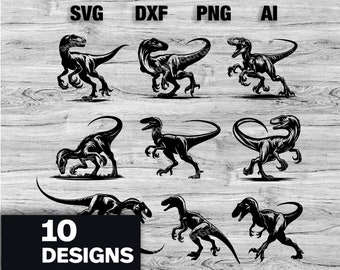 10 Raptor-Schnittdateien | Raptor Dinosaurier Vektorgrafik Silhouette, Cameo, Cricut SVG, PNG, Dxf, Ai Schnitt Dateien, Sofort Download Bundle