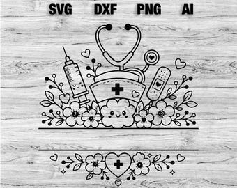 Nurse Floral SVG Bundle, Split Monogram Nurse Frame, Medical Stethoscope SVG, RN Shirt png Download