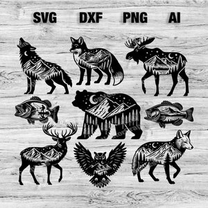 Op de afbeelding: Een set van acht zwart-witte silhouetbeelden van dieren en vissen met een berg- en boslandschap in elk dier. De dieren omvatten een wolf, een vos, een eland, een beer, een hert, een uil en twee vissen.