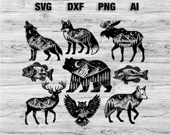 9 Animal SVG Bundle | Bear, Wolf, Moose, Dear, Fox, Owl Graphic Silhouette, Cameo, Cricut SVG, PNG, Dxf, Ai, Instant Download Bundle Laser