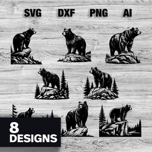 May include: Eight black and white silhouette designs of bears standing on rocks in a forest setting. The bears are facing different directions and have different poses. The designs are perfect for crafting projects, such as cutting, etching, or engraving.