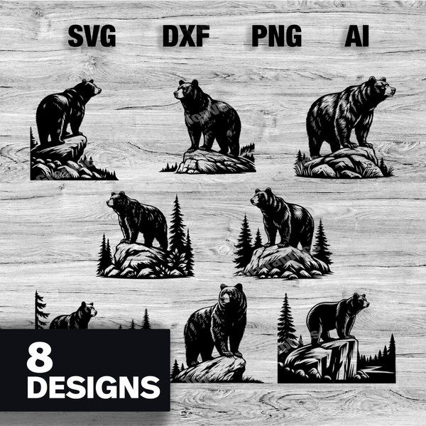 8 Black Bear on Boulder Vector Graphics for DIY Crafts and Projects | Bear silhouette Cricut SVG, PNG, Dxf, Ai Instant Download Bundle Pack