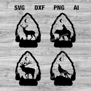 May include: Four black and white silhouette designs of arrowheads with a moon and stars in the background. Each arrowhead features a different animal: a deer, a bear, a wolf, and a wolf. The designs are perfect for crafting projects, such as cutting, etching, or printing.