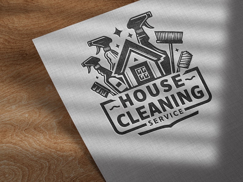 May include: Black and white logo design for a house cleaning service. The logo features a house with cleaning supplies, including a spray bottle, a broom, and a sponge. The text "House Cleaning Service" is displayed in a bold font.
