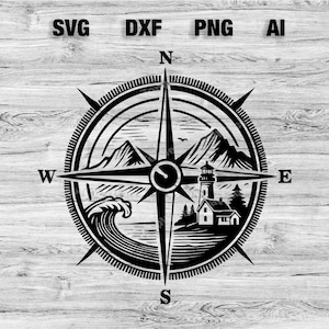 May include: Black and white compass design with a lighthouse, mountains, and a wave. The compass points north, south, east, and west.