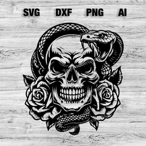 Op de afbeelding: Zwart-wit afbeelding van een schedel met een slang eromheen. De schedel heeft rozen aan weerszijden. De afbeelding bevat ook de tekst "SVG, DXF, PNG, AI".