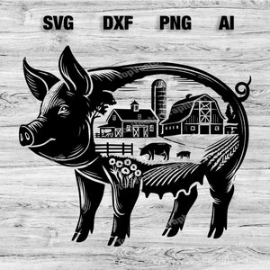 Pig Farm Scene Cut File | Cute Pig Animal Graphic Wall Art Silhouette, Cameo, Cricut SVG, PNG, Dxf, Ai Cut Files, Instant Download