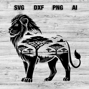 Lion Mountain Safari Scene File | Lion Vector Graphic Wall Art Silhouette, Cameo, Cricut SVG, PNG, Dxf, Ai Cut Files, Instant Download