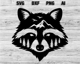 Raccoon Mountain Scene SVG | Raccoon Svg Vector Graphic Wall Art Silhouette, Cameo, Cricut SVG, PNG, Dxf, Ai Cut Files, Instant Download