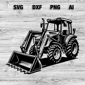 Machinegesneden bestand voor tractor voorlader | Zwaar materieel vectorafbeelding silhouet, cameo, Cricut SVG, PNG, Dxf, AI Cut-bestand direct downloaden