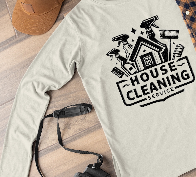 May include: A white long-sleeved t-shirt with a black graphic design of a house with cleaning supplies and the text "HOUSE CLEANING SERVICE".