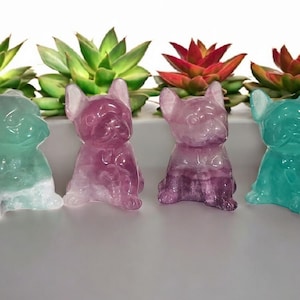 Fluorite Frenchie Dog Crystal Carving - Unique Home Decor, Healing Stone Figurine & Pet Lover Gift