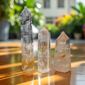May include: Three clear quartz crystal points of varying sizes stand on a wooden surface. The crystals have inclusions of gold and orange hues. The background features blurred greenery and sunlight.