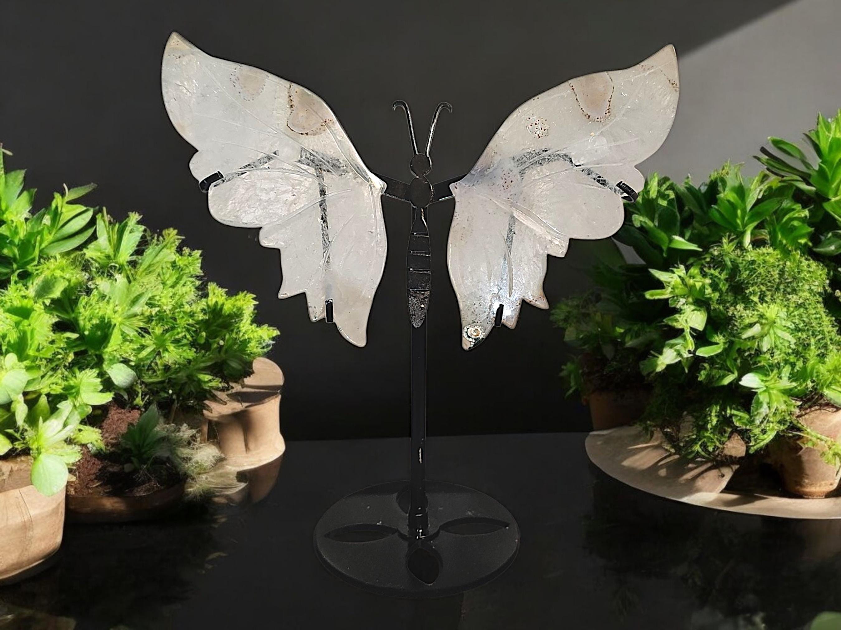 Moss Agate Crystal Butterfly Wings Stand – Healing Stone Decor & Unique Gemstone Gift