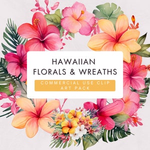 Hawaiianische Blumen und Kränze Clip Art Pack, Aquarell, kommerzielle Nutzung / / Hibiskus, tropische Blumen, tropischer Kranz Clip Art, Hawaii Vibe