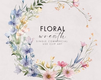 May include: Watercolor floral wreath with pink, blue, and yellow flowers. The wreath is arranged in a circle and has a white background. The text "FLORAL wreath SINGLE COMMERCIAL USE CLIP ART" is written in black text below the wreath.