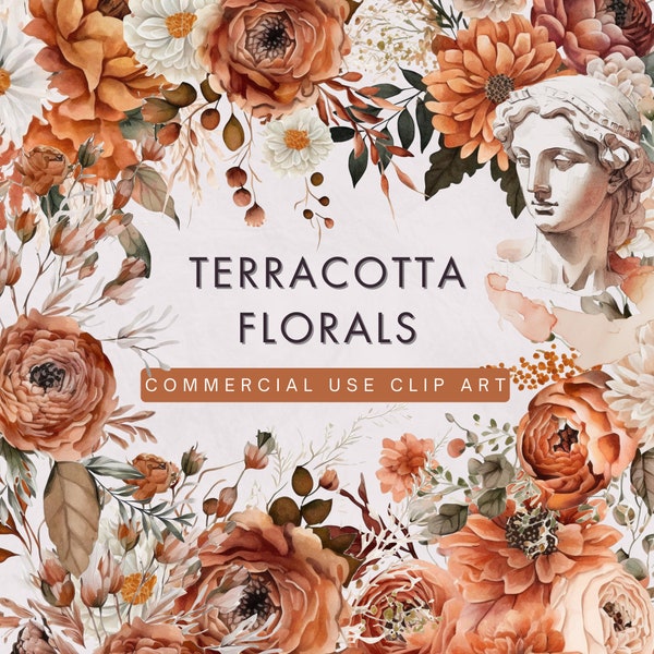 Terracotta Floral Clipart Pack, Commercial Use // Fall Wedding, Fall Floral, Wedding Clipart, Bohemian Floral Watercolor Png, Statue Clipart