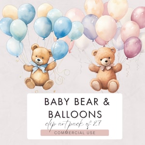 Pacote de clipart de ursinho de pelúcia e balão, uso comercial // Balões de ursinho de pelúcia, clipart de chá de bebê, chá de bebê para menino, urso com balões