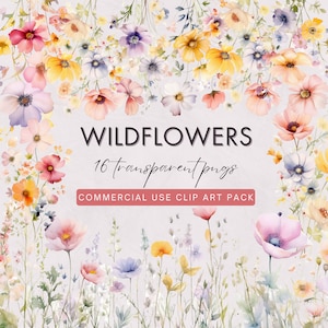 Wildflower Watercolor Clipart Pack, Commercial Use // Wildflower Wreath, Wildflower Border, Wedding Clipart, Floral Borders, Floral Wreaths