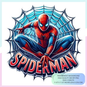 May include: A digital illustration of Spider-Man in a crouched pose, set against a blue and gray spiderweb background. The superhero is in his classic red and blue suit, with the word "SPIDERMAN" in bold letters below.
