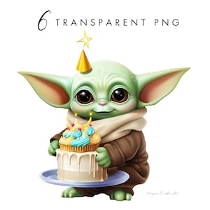 6 Baby Yoda Birthday PNG Clipart, Baby Yoda i tort urodzinowy, Star Wars Png, Clipart urodzinowy, Pakiet Baby Yoda, Dziecko png