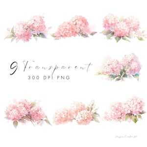 9 PNGs, Rosa Hortensie, Transparenter Png | Botanische Kunst | Skurril Pastell Aquarell Blumen Clip Art | Hochzeitsblumen | Rosa Blumen