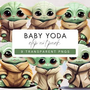 Paquete de imágenes prediseñadas de Baby Yoda en estilo de dibujos animados, paquete de imágenes prediseñadas de Baby Yoda - Descarga instantánea de PNG transparentes 300 DPI