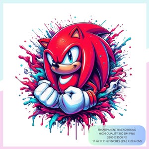 May include: A digital illustration of the red character Knuckles with white gloves, set against a vibrant splash of red, blue, and white paint. The image includes text stating it is a transparent background, high quality 300 DPI, 3500 x 3500 PX.