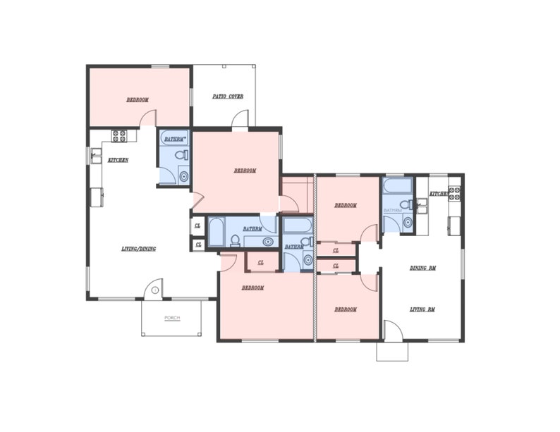 Single Family Dwelling Duplex Unit 3 bedroom 3 bathroom 2 bedroom 1 bathroom 1900 sq. ft. floor plan design image 2