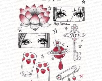 Nana Temporary Tattoo Sheet | Flash Tattoo Design | Red and Black Tattoo | Vivienne Westwood | Anime | Strawberry | Lotus