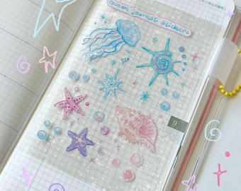 Ocean Sticker Sheet | Journal Stickers | Clear  Stickers | Jellyfish / Starfish / Bubbles / Glitter Finish