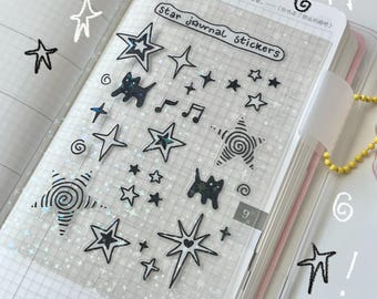 Star Sticker Sheet | Journal Stickers | Clear  Stickers | Y2K / Black and White / Glitter Finish