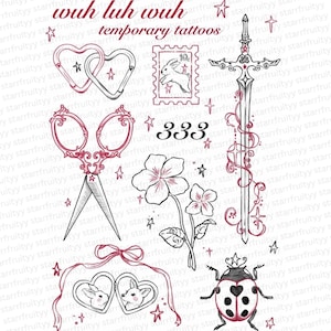 Sapphic Temporary Tattoo Sheet | Flash Tattoo Design | Red and Black Tattoo | Lesbian / Pride / Bisexual Symbols | Scissor Tattoo Design