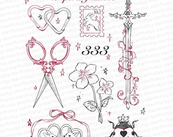 Sapphic Temporary Tattoo Sheet | Flash Tattoo Design | Red and Black Tattoo | Lesbian / Pride / Bisexual Symbols | Scissor Tattoo Design