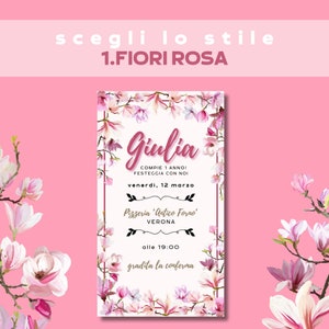 May include: A white invitation with pink floral borders. The invitation is for Giulia's first birthday party. The party will be held on Friday, March 12th at 7:00 PM at Pizzeria 'Antico Forno' in Verona. RSVP is requested.