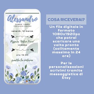 May include: A blue and white digital invitation for a birthday party. The invitation features a watercolor floral design and the text "Alessandro" in a decorative font. The text also includes the date "venerd&igrave;, 12 marzo" and the time "alle 19:00".