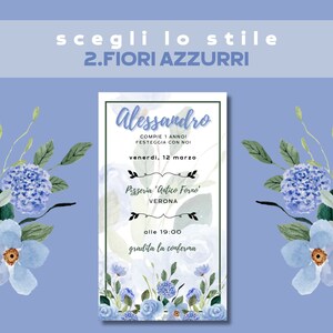 May include: A blue and white invitation card with watercolor flowers. The text on the card reads "Alessandro Compie 1 Anno! Festeggia con noi Venerdi, 12 Marzo Pizzeria 'Antico Forno' Verona Alle 19:00 Gradita la conferma."
