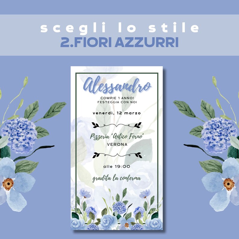 May include: A blue and white invitation card with watercolor flowers. The text on the card reads "Alessandro Compie 1 Anno! Festeggia con noi Venerdi, 12 Marzo Pizzeria 'Antico Forno' Verona Alle 19:00 Gradita la conferma."
