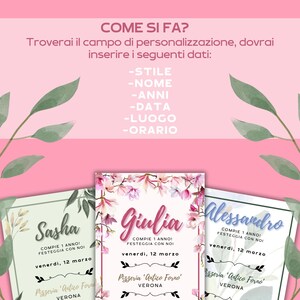 May include: Three printable party invitations with floral designs. The invitations are for Sasha, Giulia, and Alessandro. Each invitation says "Compie 1 anno! Festeggia con noi!" and includes the date "Venerdi, 12 marzo" and the location "Pizzeria 'Antico Forno' Verona".
