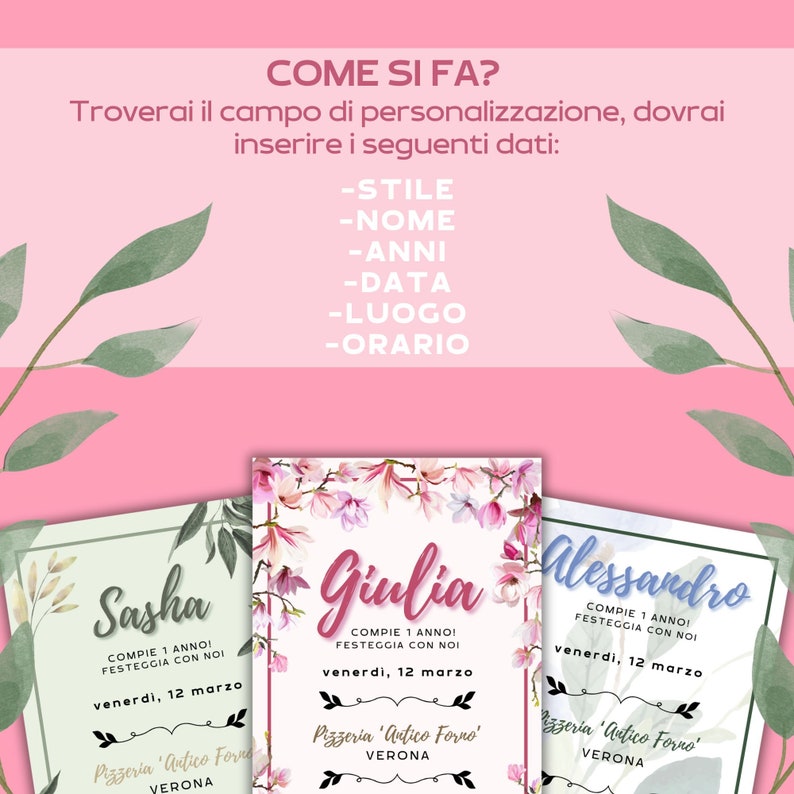 May include: Three printable party invitations with floral designs. The invitations are for Sasha, Giulia, and Alessandro. Each invitation says "Compie 1 anno! Festeggia con noi!" and includes the date "Venerdi, 12 marzo" and the location "Pizzeria 'Antico Forno' Verona".