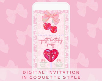 Coquette digital custom sweet 16 invitation with pink bow, cherry, galentine’s party, birthday, hen party, event invitation, girls party