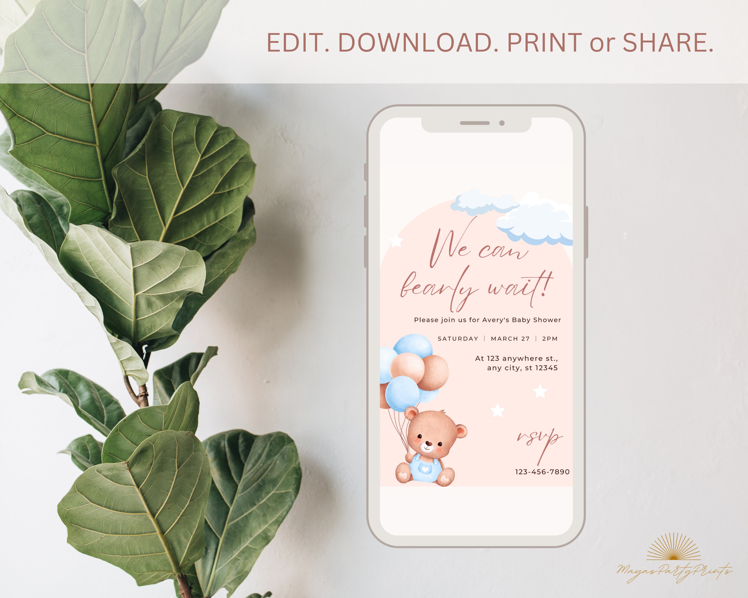 EDITABLE We Can Bearly Wait Baby Shower Invitation Boy Teddy Bear ...