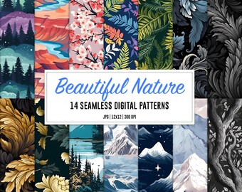 Nature Digital Paper: 14 Seamless Printable Patterns (3600x3600 px)